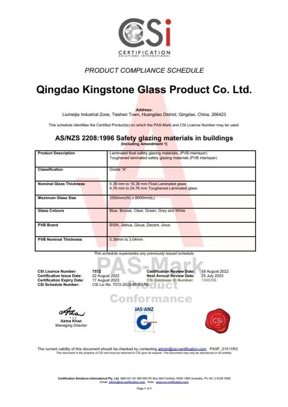 AUSTRALIA STANDARD AS/ NZS 2208 - QINGDAO KINGSTONE GLASS PRODUCT CO.,LTD