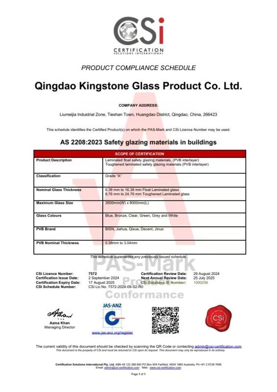 AUSTRALIA STANDARD AS / NZS 2208 - QINGDAO KINGSTONE GLASS PRODUCT CO.,LTD