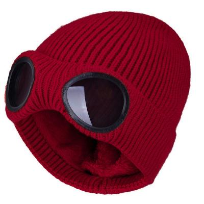 China COMMON 2023 New Outdoor Knit Hats With Sunglasses Unisex Wool Knitted Beanie Warm Winter Cycling Ski Motorcycle Fleece Lined Hat for sale