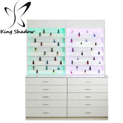 China Nail bar beauty salon furniture nail salon equipment store customized nail polish display stand with drawers for sale