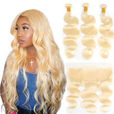 China Straight 613 Blonde Bundles With Frontal Brazilian Hair Weave Body Wave Blonde 3 Bundles With 13x4 Lace Frontal Closure Remy Hair for sale