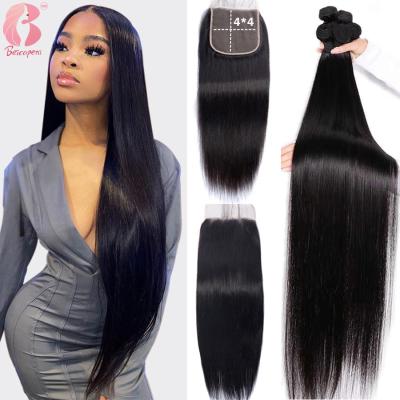 China Indian Straight Hair Bundles With Closure Remy 3 Hair Bundles With 4x4 Lace Up Closure Hair Extensions for sale