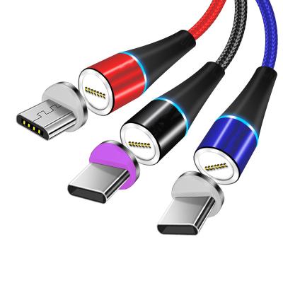 China Strong Magnetic USB Cable Amazon Hit 3 In 1 USB Cable 3A Magnetic Charging Nylon Braided Cable With LED Light For All Phone for sale