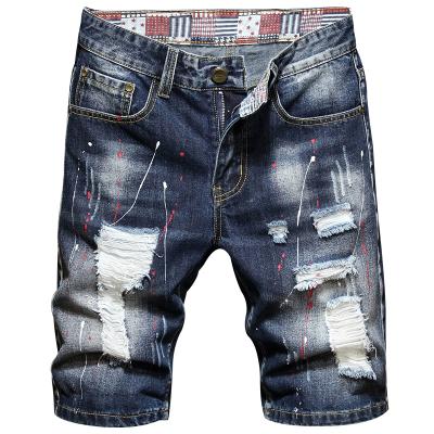 China Factory wholesale summer denim distressed pants QUICK DRY half ripped casual blue jeans hole printing straight mens jeans shorts for sale