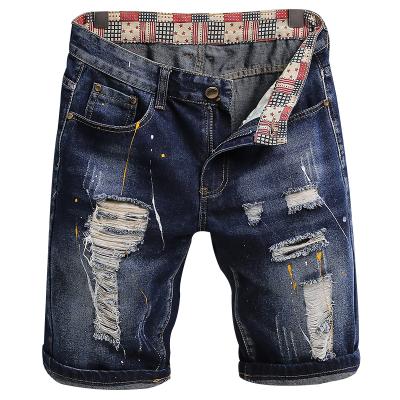 China Fashion QUICK DRY Straight Distressed Denim Shorts Fit Cotton Casual Summer Ripped Denim Hand Painted Mens Jeans Shorts for sale