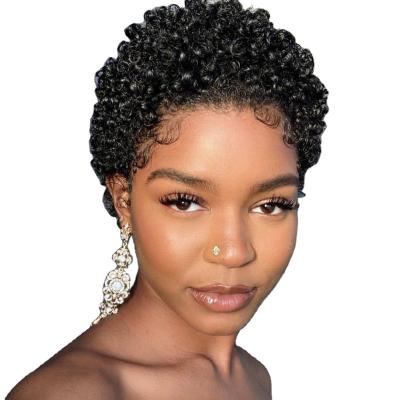 China Short Natural Low Low Water Wave Soft Thick Shedding Afro Kinky Curly Wigs Machine Made Hair Cut Pixie Wig Remy Hair Raw for sale