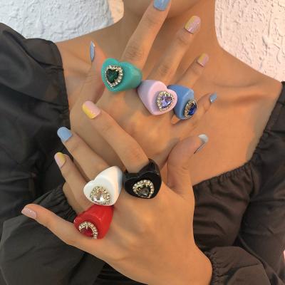 China GSOLD INS TRENDY Colorful Shiny Rhinestone Heart Chunky Rings Resin Acrylic Love Rings For Women Travel Unusual Jewelry for sale