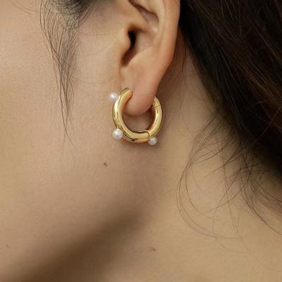 China Simple TRENDY Metal Earring Small Earrings With 3 Beads Circles Mini Huggie Earrings Temperament Women Christmas New Year Gift for sale