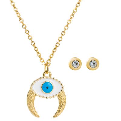 China Trendy Turkey Blue Devil Eye Crescent Pendant Necklace Zircon Stud Earring Set Fashion and Costume Jewelry Sets for sale