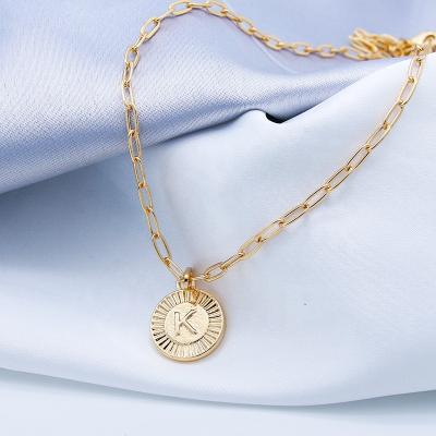 China Flat Oval A-Z Letter Round Chain Clavicle Link Chain Double-Sided Pendant Necklace Fashion Simple Geometric Choker Flat Women Party Jewelry for sale