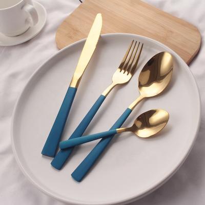 China Viable Gold Plated 410 Stainless Steel Flatware Set Gold Color Handle Knife Fork Spoon Silverware Set for sale