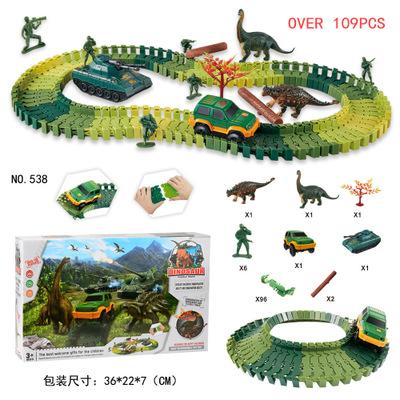 China Slot Toy Electric Dinosaur Rail Car Military Toy 109PCS Set Children Parent-child Interaction DIY Charm Insert Model for sale