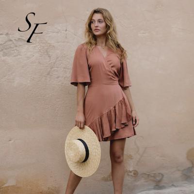 China Summer Ruffle Washable Custom Women Party Cocktail V-Neck Dress Sweet Casual Beach Holiday Elegant Dress for sale