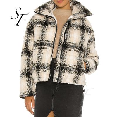 China Wholesale Custom Reversible Casual Short Jacket Winter Zip-Up Shiny Brushed Plaid Striped Down Jacket For Women for sale