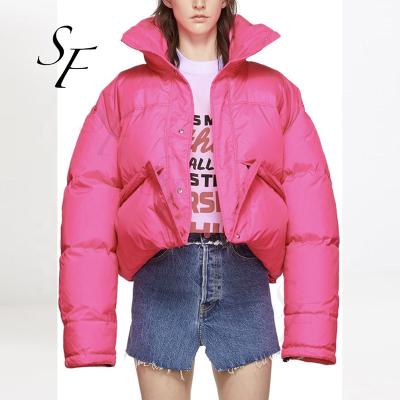 China Lovely Pink Zipper Pockets Long Sleeve Waterproof Custom Solid Color Winter Stripper Hooded Jacket Down Jacket For Women for sale