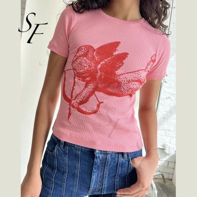 China Custom Print Anti-Wrinkle Summer Floral Cute Shorts Sleeve Round Neck Pink Ribbed Cotton Cropped T-Shirt for sale