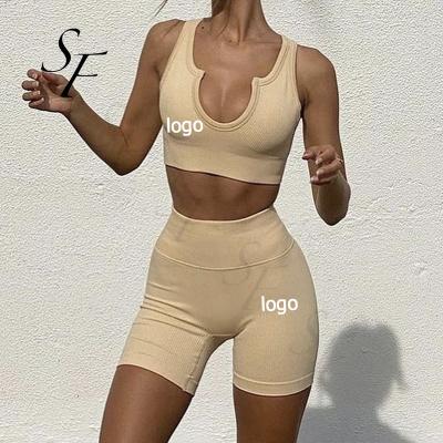 China Breathable Custom Slim Fit Ribbed Seamless Yoga Cycling Suit High Waist Two Piece Sporty Gym V Neck Biker Suit Bra High Waist Yoga Suit for sale