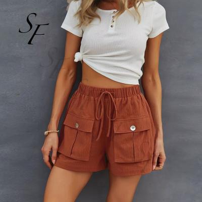 China Anti-Wrinkle Summer Solid Color Custom Mid Waist Casual Pockets Loose Mid Waist Drawstring Pants Straight Linen Shorts With Shell Buttons for sale