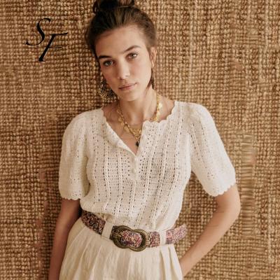 China Custom Anti-Wrinkle Summer Cotton Short Sleeves Button Crochet Knit Sweater Hollow Out Scallop Finish Design Casual Jumper For Women for sale