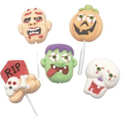 China Normal 35g Halloween Pumpkin Skull Shaped Colorful Fruity Flavored Sweet Marshmallow Lollipop for sale