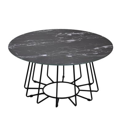 China Living Room Furniture Marble Glass Stable Luxury Round Coffee Table With Short Black Legs for sale