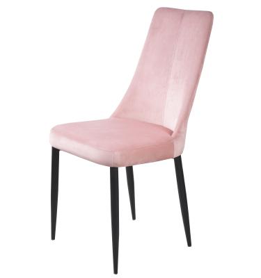 China Modern Design Comfortable Fire Retardant Restaurant Fabric Pink Dining Chairs With Black Metal Legs for sale