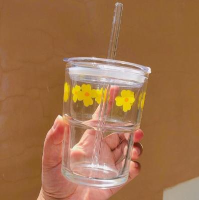 China CREATIVE Flower Water Cup With Straw 350ml Glass Bottle Cute Korean Glass Cup for sale