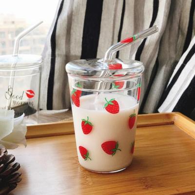 China Sustainable Cute Japanese Strawberry Mug With Straw Breakfast Milk Glass Cup for sale