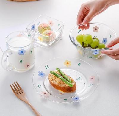 China Stocked Hot Sale Salad Bowl Dish Cup Set Cute Flower Glass Water Cup for sale