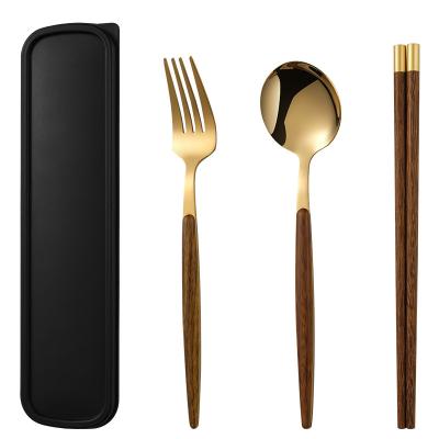 China Portable Stainless Steel Cutlery Set With Grain Handle Spoon Fork Chopsticks Wooden Tableware YMZA421 for sale