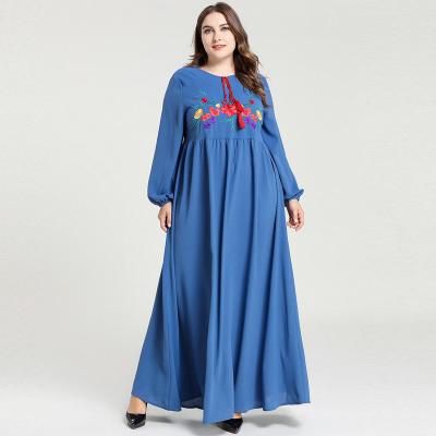 China Muslim Floral Embroidery Maxi Dresses Blue Round Neck Breathable Long Casual Dress Sheath Long Swing Draped Ethnic New for sale