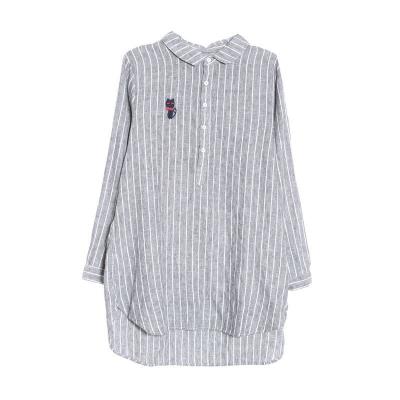 China Anti-pilling Gray Peter Pan Collar Button Fly Blouses Ladies Striped Knitted Cotton Shirts Full Sleeve for sale