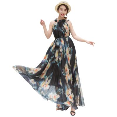 China Breathable Ladies Black Floral Print Maxi Dress Summer Vacation Casual Chiffon Beach Plus Size Woman Bangkok Dress for sale