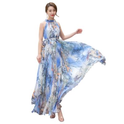 China Lady's Breathable Casual Outfits Elegant Chiffon Floral Maxi Dress Summer Vacation Beach Plus Size Women's Sleeveless Long Dress for sale