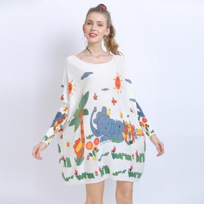 China Autumn Collection Women's Oversized Graffiti Art Print Knitted Jumper Batwing Sleeve Drop Shoulder Boat Neck Sweater Winter Anti-Shrink for sale