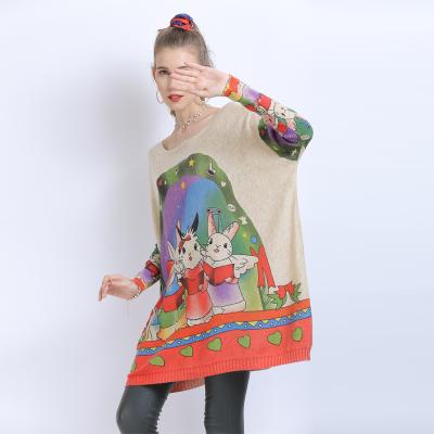 China Anti-Shrink Bat Wing Comfortable Cute Rabbit Print Sleeve Elegant Woman Pullover Sweater Knit Wool Sweater Long Oversized Sweater Dress Tops for sale