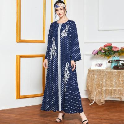 China 2021 Vintage Modest Muslimah Styling Blue Maxi Dress Plus Size Navy Long Sleeve Ethnic Embroidered Turkey Muslim Arab Clothing For Women for sale