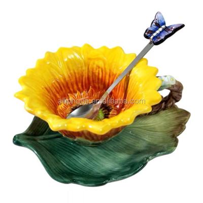 China Wholesale Creative Sustainable Design Sunflower Coffee Mugs Ceramic Coffee Mug With Green Leaves Dish And Spoon for sale