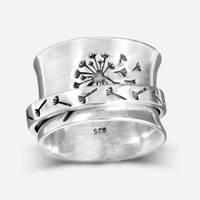 China CLASSIC Free Shipping Worry Band Meditation Dandelion Rings Wide Silver Cut Out Flower Spinner Ring For Relief Fidget for sale