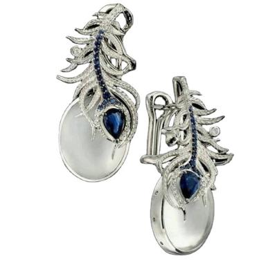 China African Vintage Retro Moonstone Peacock Feather Fashion Earrings Wedding Rings Women's Square Jewelry for sale