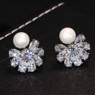 China Korean Women Lady Silver Sweet Earrings Pearl Flower Stud Sparkle Drop Design Pure CZ Romantic Girls for sale