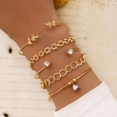 China Trendy Ohrring Women's Bracelet Sets Charm Love Beaded Diamond Opening Bracelet Geometric Leaf Bangle for sale