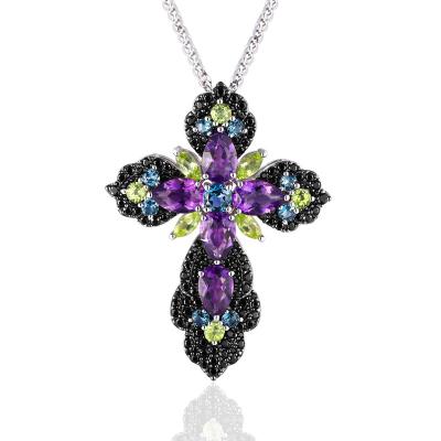 China Women Natural 925 Sterling Silver Cross Pendant Topaz Amethyst Peridot Gemstone Necklace Fashion Classic High Quality Jewelry for sale