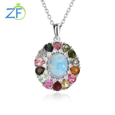 China Romantic Trendy Petal Jewelry 925 Sterling Silver Rhodium Plated Natural Opal Tourmaline Chain Flower Necklace For Women for sale