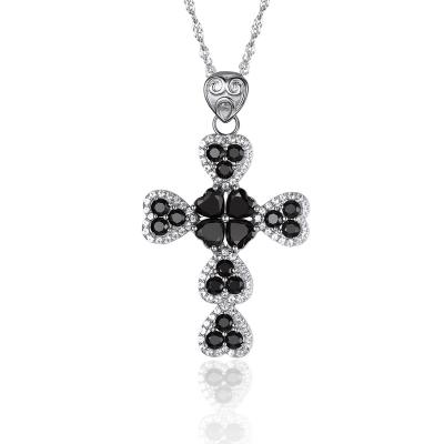 China 925 Silver Spinel Fashion Pendant Necklace Gem Heart Cross Pendant Necklace Women CLASSIC Natural Black Fine Jewelry for sale