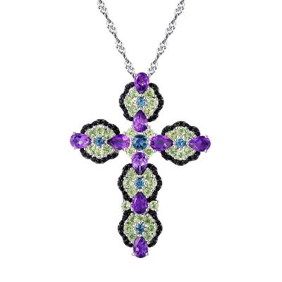 China Natural Topaz Amethyst Gem Jewelry Necklace 925 Sterling Silver Cross Women Pendant Fashion Classic Style Fashion for sale