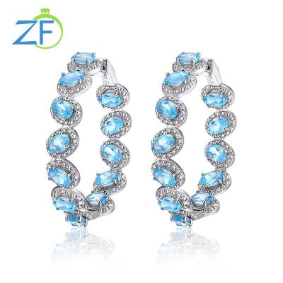 China Office/Fashion Handmade Jewelry Career Party Classic Blue Topaz Gemstone 925 Sterling Silver Women Large Hoop Earrings for sale