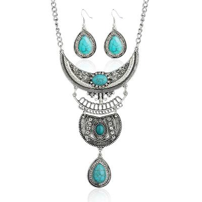 China ZQ201 Vintage Women's Vintage Jewelry Set Teardrop Turquoise Jewelry Set Exaggerated Necklace Earring Set for sale