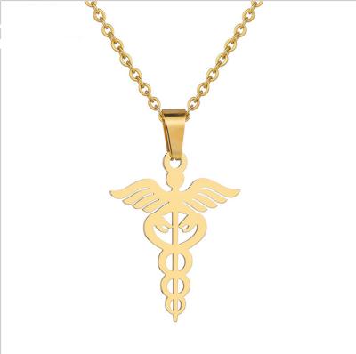 China New Trendy Jewelry Stainless Steel Magic Wand Snake Gold Caduceus Necklace for sale