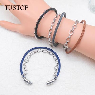 China New Wholesale Men's Stainless Steel Double Layer Bracelets Fashion Creative Woven Leather Adjustable Wristband Environmentally Friendly for sale